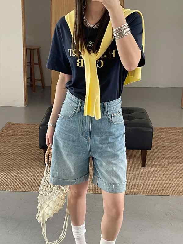 ショートパンツ レディース ハイウエスト レトロ デニム フリンジ ロールアップ ウォッシュド 膝上丈 夏用 伸縮性 軽量 カジュアル 普段使い デイリー コーデ ビッグシルエット ブルー系
