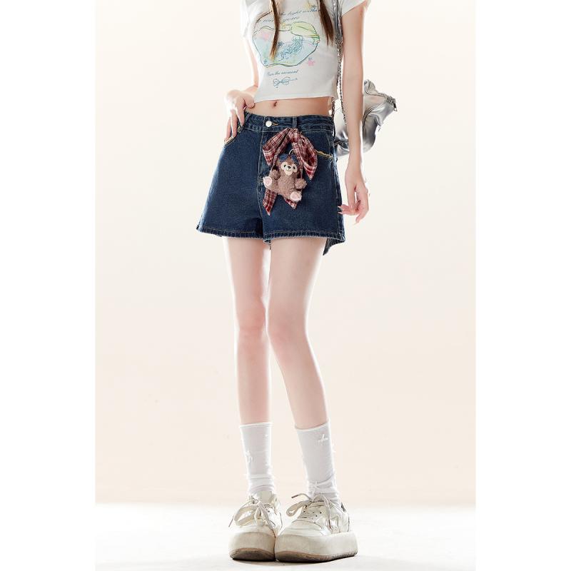 女性用 デニム ショートパンツ 夏 ハイウエスト 蝶結び 紐 デザイン 個性派 かわいい セクシー 軽量 伸縮性 吸湿速乾 ブルー系 デイリー ストリート ファッション