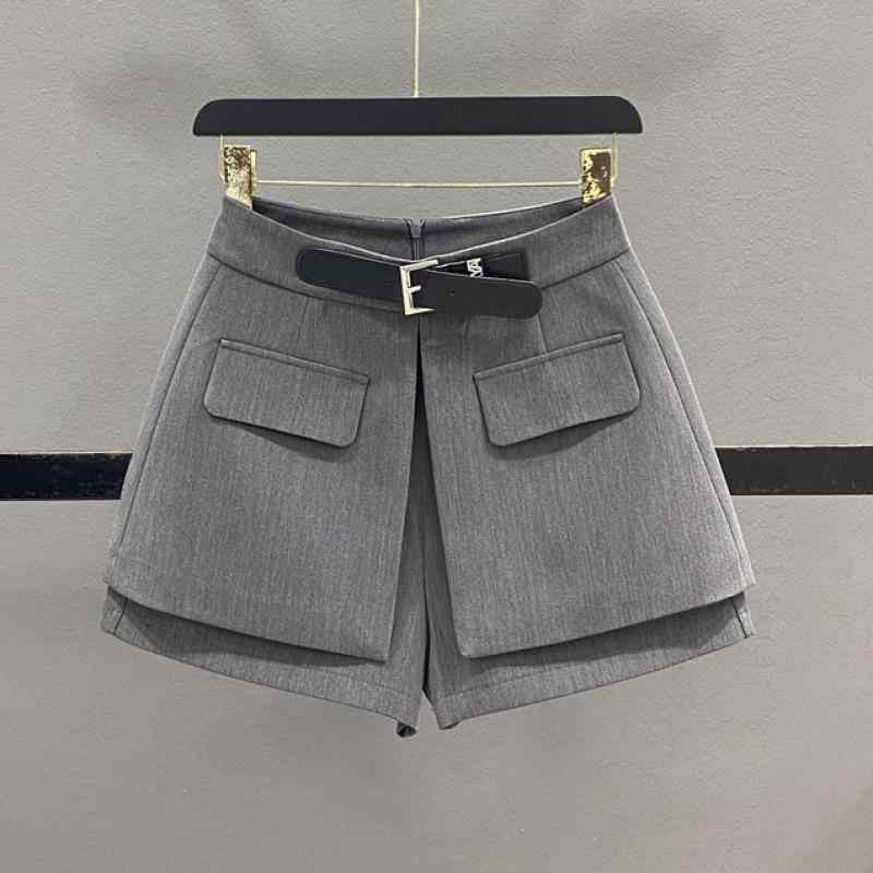 レディース ハイウエスト スーツ ショーツ ワイドレッグ パンツ フェイクツーピース スカート デザイン 革バックル カジュアル 春夏 通勤 普段使い 軽量 伸縮性