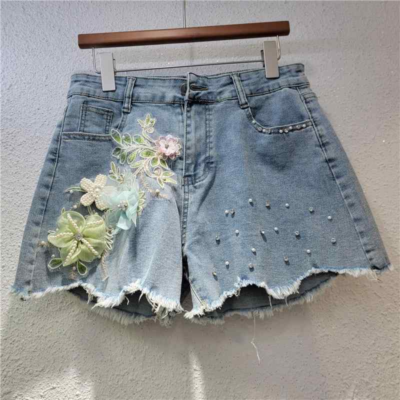 ホットパンツ レディース デニム ハイウエスト 刺繍入り ワイドレッグ 夏用 スリム見せ ストレッチ ライトブルー 膝上丈 カジュアル