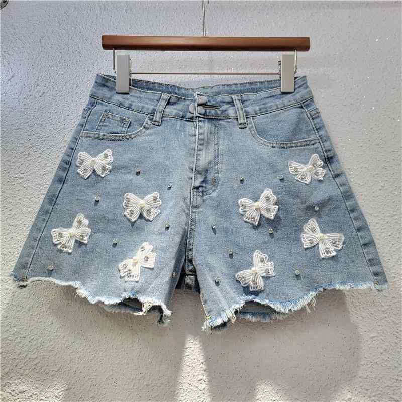 レディース 夏用 デニム ショートパンツ ハイウエスト Aライン ワイドレッグ 小柄対応 スタッズ ビーズ 装飾 デザイン性 カジュアル 普段使い 伸縮性