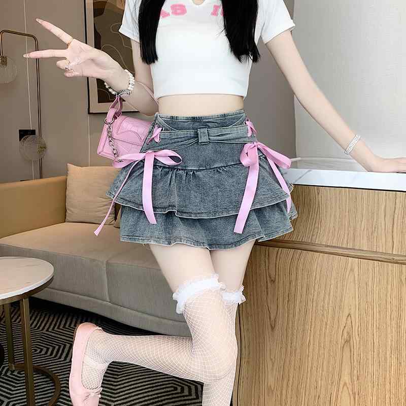 スカート レディース 夏用 ハイウエスト リボン デニム Aライン フレア ミニスカート ガーリースタイル ふわふわ ケーキスカート カジュアル 普段使い