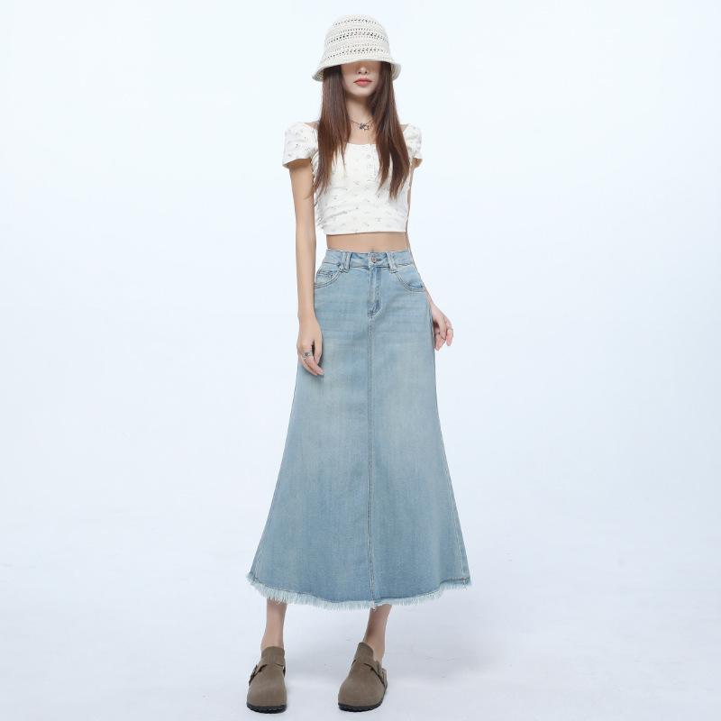 レディース スカート 夏用 デニム 高腰 Aライン フィッシュテール 中長丈 ブルー フリンジ ドレープ レトロ カジュアル 普段使い 軽量 伸縮性