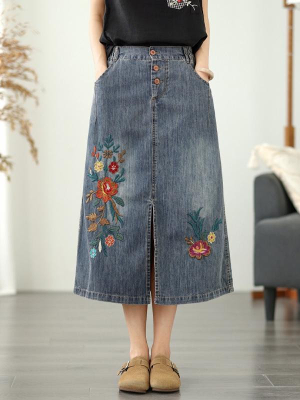 スカート 女性用 夏 デニム ミディ 刺繍 ゆったり スリム効果 前スリット 花柄 アーティスティック スタイリッシュ カジュアル｜ホープ 39,853円