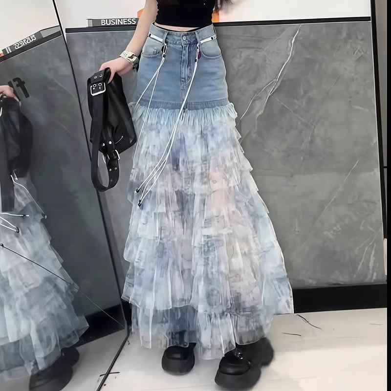 スカート 女性用 夏 ブルー タイダイ デニム 切り替え Aライン フレア ミディ ファッション スタイルアップ 普段使い 軽やか 爽やか