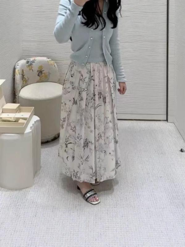レディース コットン ハイウエスト プリーツ フレア ロング スカート 水墨画 花柄 プリント 普段使い カジュアル 快適 素材|ホープ