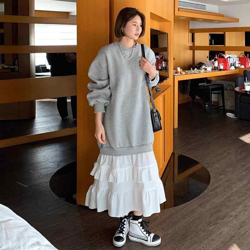 ワンピース レディース 秋 ゆったり シック スタイル 丸首 コントラスト カラー 切り替え 二層 フリル 長袖 スウェット カジュアル 普段使い 軽量 伸縮性