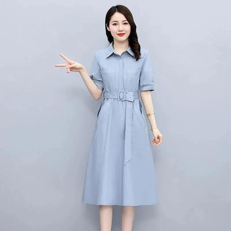 ワンピース 女性用 夏 フレンチスタイル フェミニン ウエストマーク スリムシルエット スタイリッシュ エレガント ドレス 軽量 コットン混 日常使い ソフト素材 膝丈 ブラウス