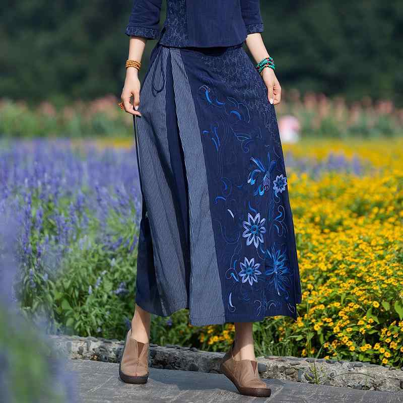 スカート 女性用 ラップスカート ブルー エスニック刺繍 スリット 不規則丈 フェイクツーピース ミディ丈 軽量 伸縮性 普段使い 通年