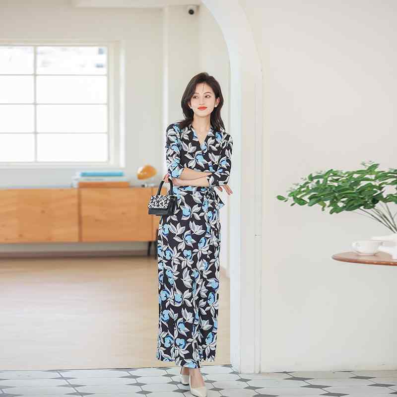 レディース ワンピース 花柄 プリント スリムフィット ロング ラップドレス 夏 エレガント ボディライン 美しく 軽量 伸縮性