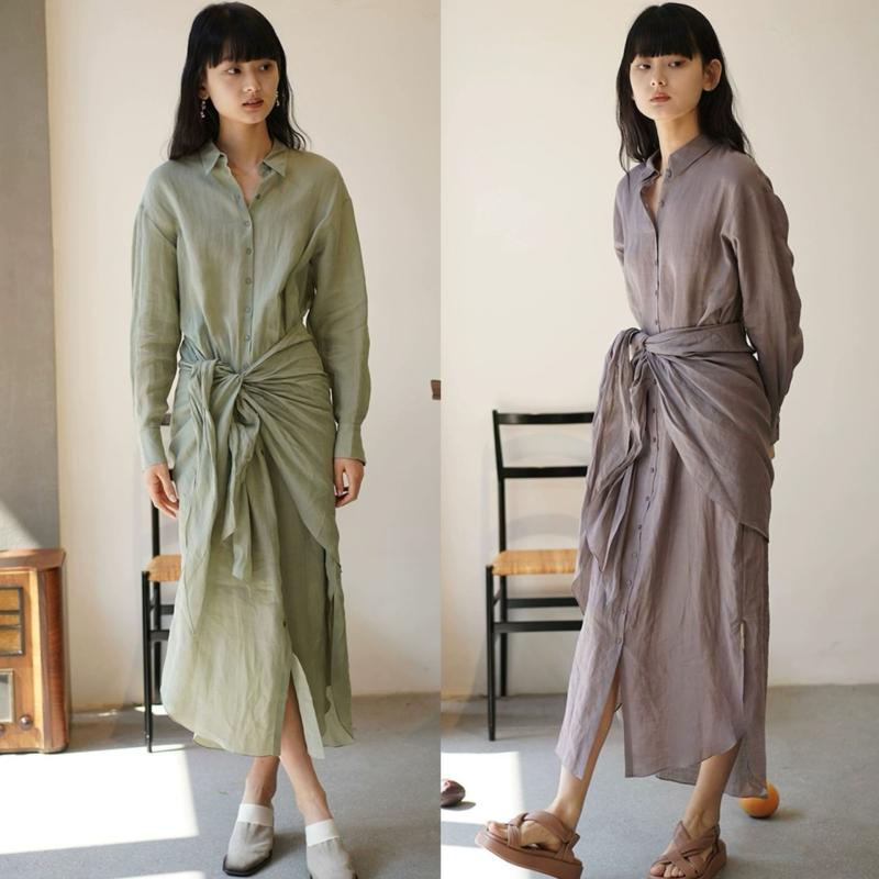 レディース ラミー 包みスカート 軽量 薄手 シャツ スカート 春夏 ゆったり デザイン 青 ピンク系 通気性 爽やか 素材 再生繊維 混｜ホープ