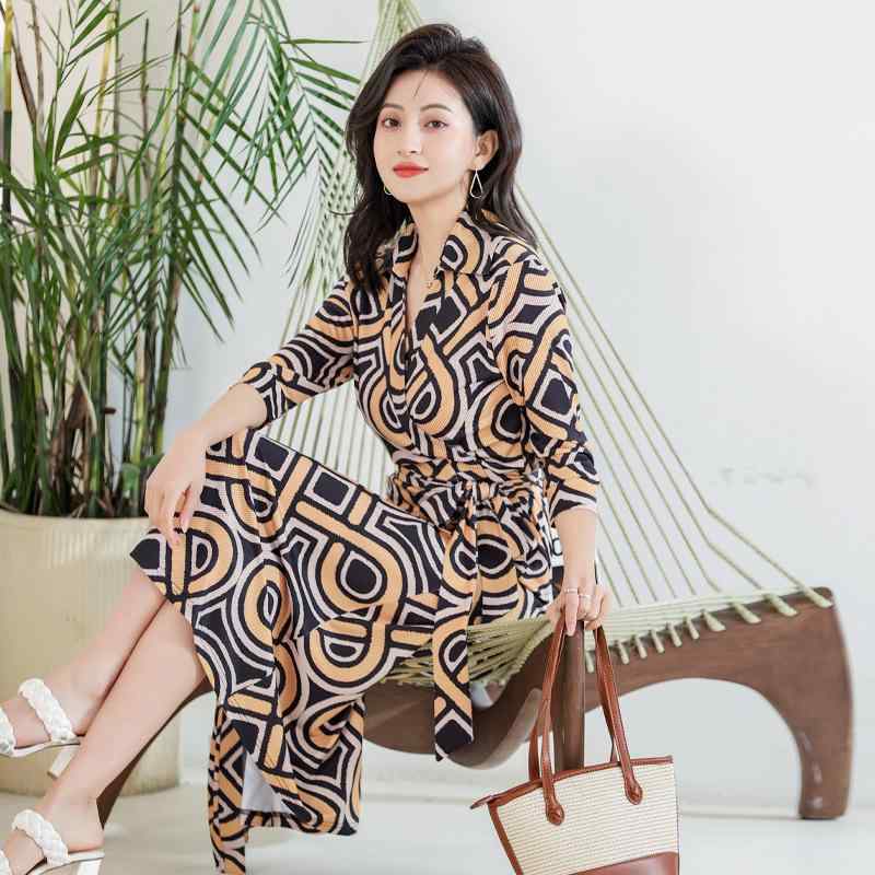 ワンピース レディース 夏 中国 花柄 プリント 通勤用 スリム 修身 フィット スタイル 膝丈 軽量 伸縮性 吸湿速乾 コットン混｜ホープ