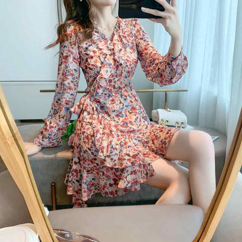 ワンピース レディース 春秋 フレンチスタイル ボディコン ウエストシェイプ プリーツ シフォン 小花柄 軽やか フェミニン 膝丈 花柄プリント ソフト素材 日常使い