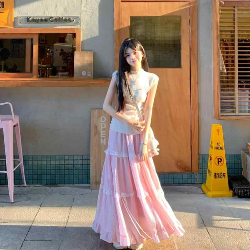 スカート レディース ピンク レース ハイウエスト Aライン 夏用 フレア ドレープ 小柄対応 スリムシルエット 軽やか 普段使い