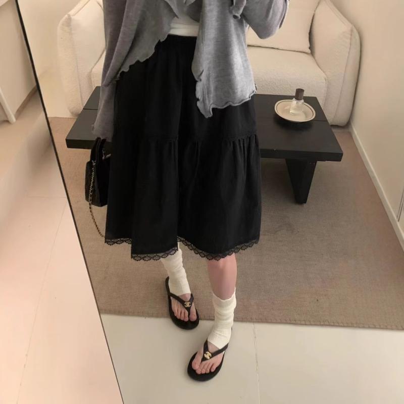 スカート レディース 夏 薄手 韓国 シンプル レース 切り替え ハイウエスト Aライン ミドル丈 フレア 軽量 カジュアル 普段使い スタイルアップ