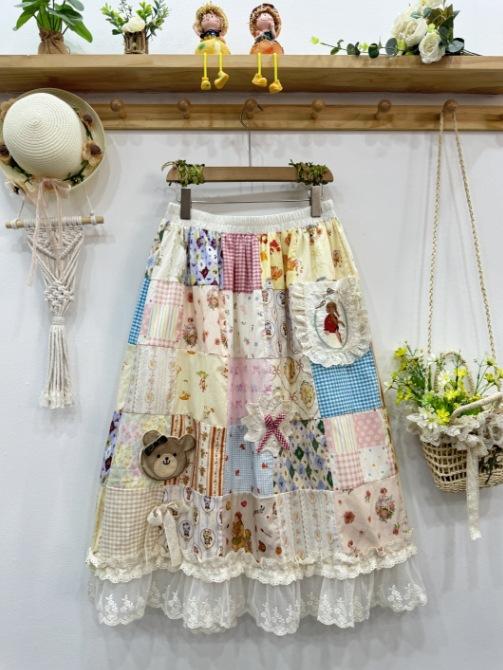 スカート レディース 森ガール レトロ パッチワーク かわいい 刺繍 春夏 ミディ丈 伸縮ウエスト 普段使い レース 切り替え ナチュラル ガーリー 軽やか デザイン