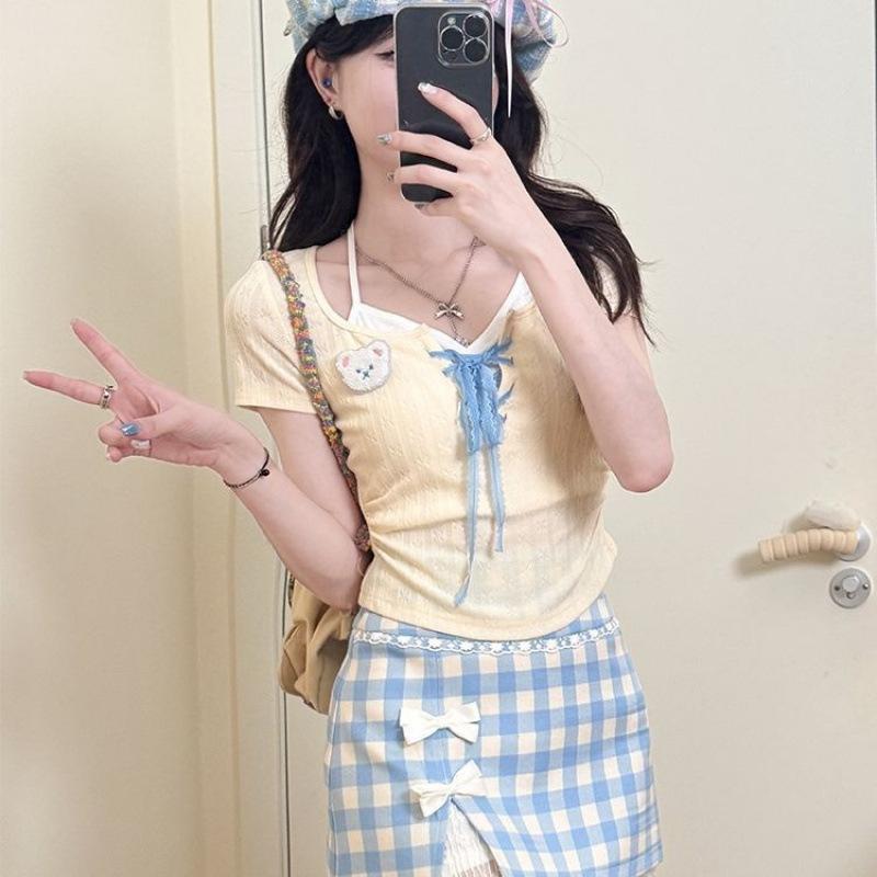 スカート 女性用 かわいい レース縁 ミディ丈 ピーチカラー チェック柄 リボン 夏用 軽量 フレア フレッシュ コーデ 普段使い 伸縮性