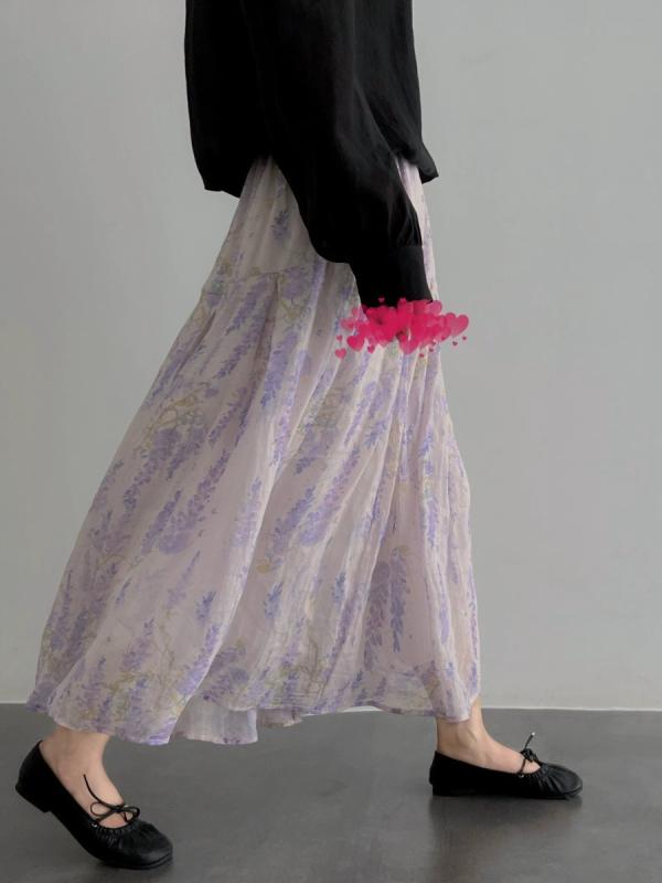 スカート レディース ラミー素材 Aライン ミドル丈 プリーツ 藤花柄 フェミニン 軽量 ナチュラル 普段使い 通勤用