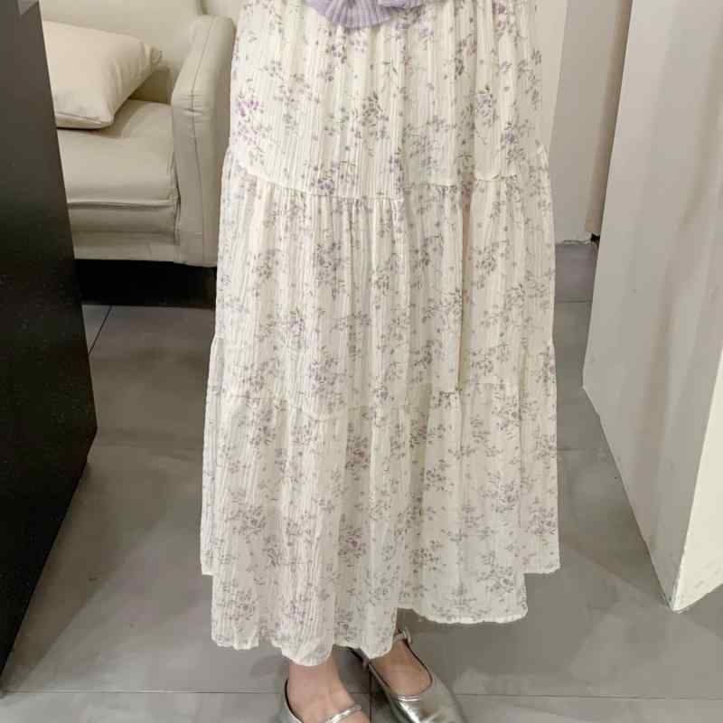 スカート 女性用 ハイウエスト 小花柄 シフォン 春夏 ミドル丈 切り替え Aライン フレアスカート レトロ 爽やか 質感 軽量 プチスタイリング 普段使い 通勤対応 伸縮性