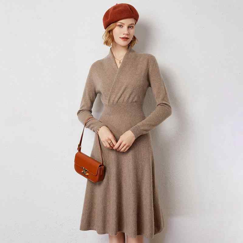 衣装 レディース 秋冬 編み物 カシミール ロング丈 か細い うつり変わり Vのど頚 クロスオーバー 照明ランプ色合い 窈窕たる 膝上丈 御上さん用 優しいこと 伸縮性 御膳上等感