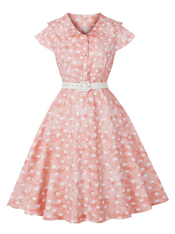 ワンピース レディース 夏 レトロ ポルカドット ラッフルネック フレンチ エレガント ウエストシェイプ スリム 上品 女性らしい 軽やか 日常使い コットン混