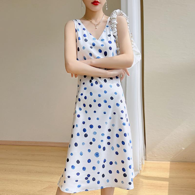ワンピース レディース 春夏 Vネック ポルカドット 中長丈 サテン生地 スリムライン 上品 百搭 ロングドレス 軽やか コーディネートしやすい 女性らしいシルエット