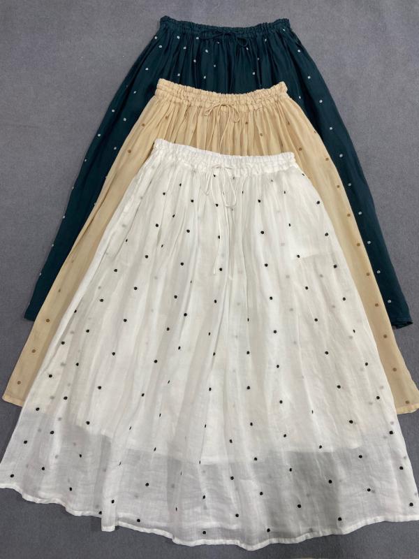 スカート レディース 夏 ポルカドット 刺繍 ラミー 中長丈 Aライン フレア デザイン 綿 裏地 高級感 吸湿速乾 通気性 軽量 カジュアル 普段使い