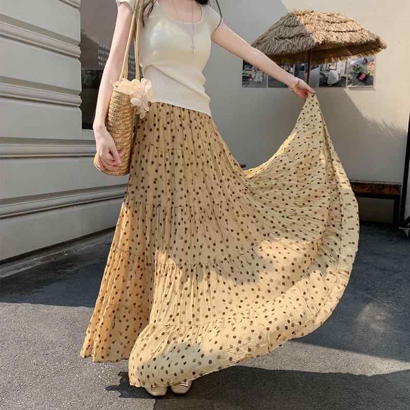 レディース ロングスカート 小花柄 ポルカドット イエロー Aライン ハイウエスト プリーツ フレア スリム効果 高級感 女性用 膝下丈 軽やか スタイルアップ 通勤 普段使い