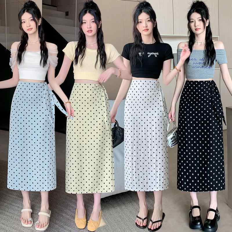 スカート レディース アイボリー 水玉柄 Aライン ロング ストレート 後ろスリット リボン付き ペンシル 夏用 ミディ丈 女性用 普段使い 軽量 伸縮性