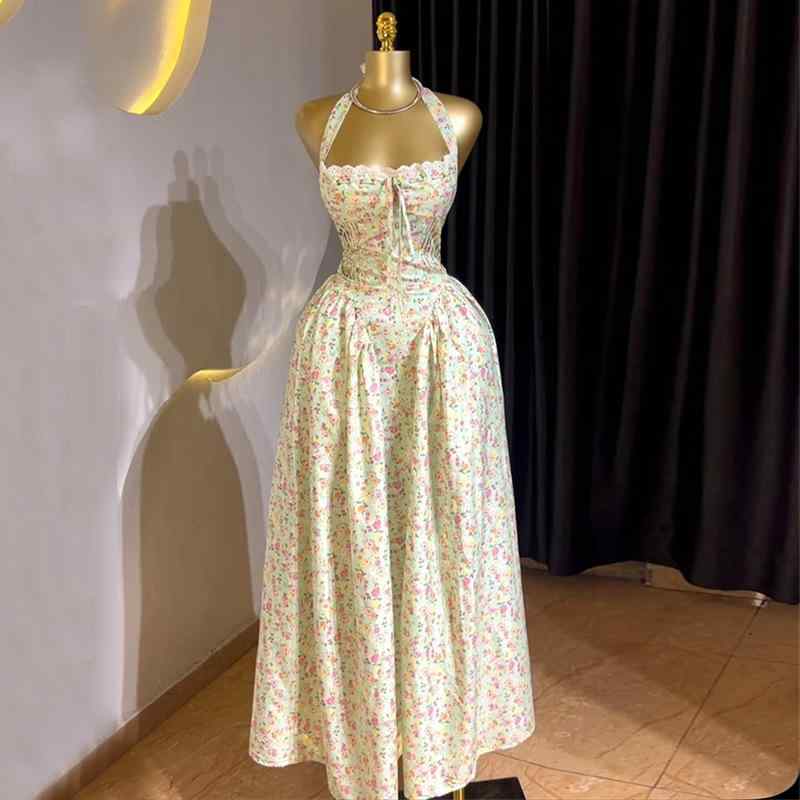 レディース 夏 かわいい 小花柄 ハルターネック 中長丈 ストラップ ワンピース 爽やか 軽やか フレッシュ スイート コットン 吸湿速乾 普段使い