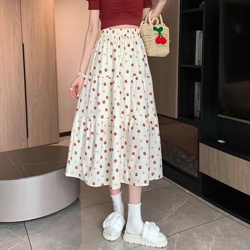 スカート レディース 夏用 小花柄 ミディ丈 ビッグサイズ ゆったり ルーズフィット スリム見え ヒップカバー Aライン カジュアル 普段使い 軽量 綿混 ワイドシルエット