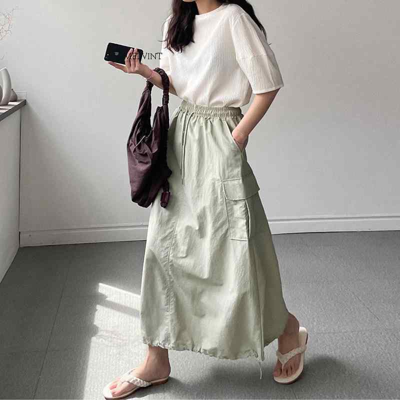 スカート 女性用 韓国 ハイウエスト 中長丈 細見え 夏 大きいサイズ 伸縮ウエスト 速乾 吸湿速乾 カジュアル 軽量 コットン混