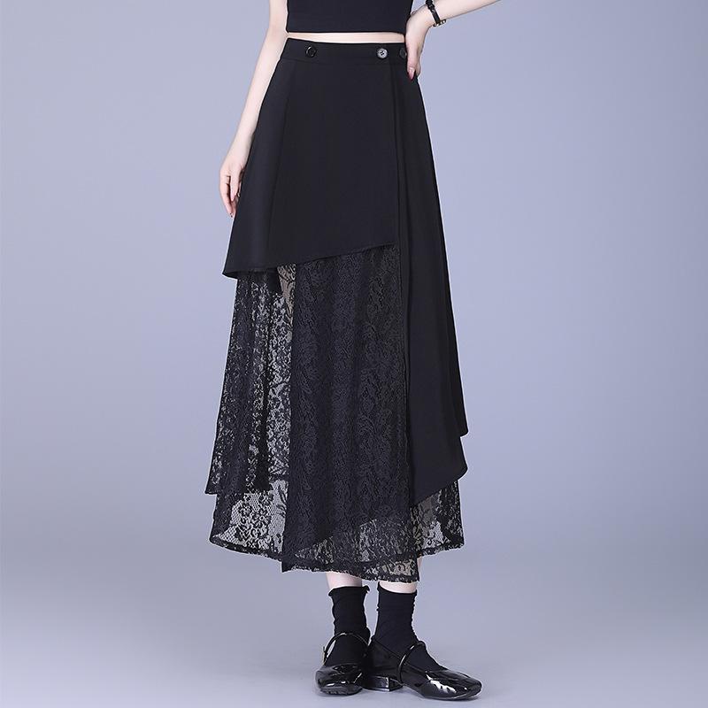 レディース 夏 スカート ゆったり レース 切り替え 中長丈 Aライン 不規則 デザイン カジュアル 普段使い 軽量 素材 スタイリッシュ