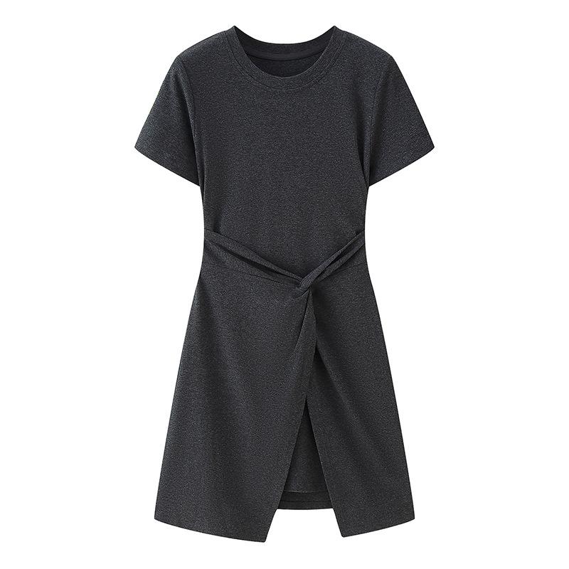 ワンピース 夏 ミストグレー 小柄対応 Tシャツドレス 不規則裾 デザイン 軽量 伸縮性 コットン混 膝丈 カジュアル 普段使い