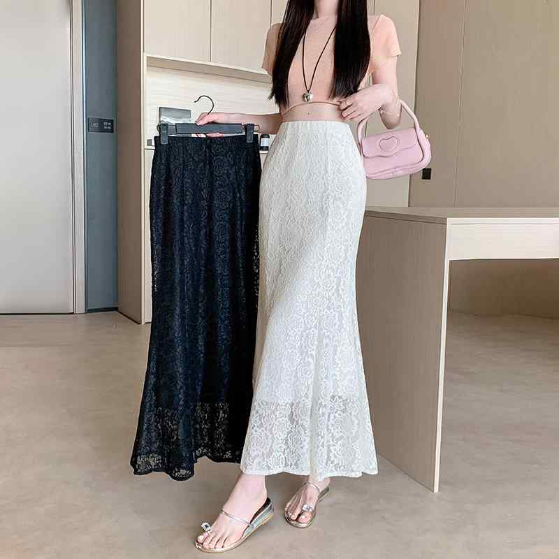レディース スカート 春夏 黒 レース 透け感 ロング丈 ハイウエスト フリル 魚尾 デザイン エレガント フェミニン ミディ丈 スタイリッシュ