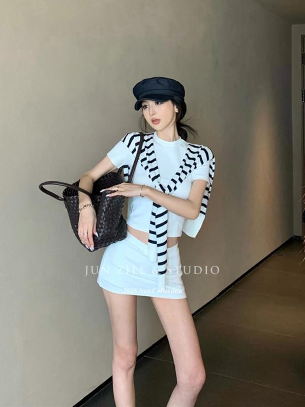 レディース 夏 セクシー 韓国 ラウンドネック 短袖 クロップド タイト トップス ヒップハグ ミニスカート ショール セット カジュアル 普段使い 伸縮性 素材