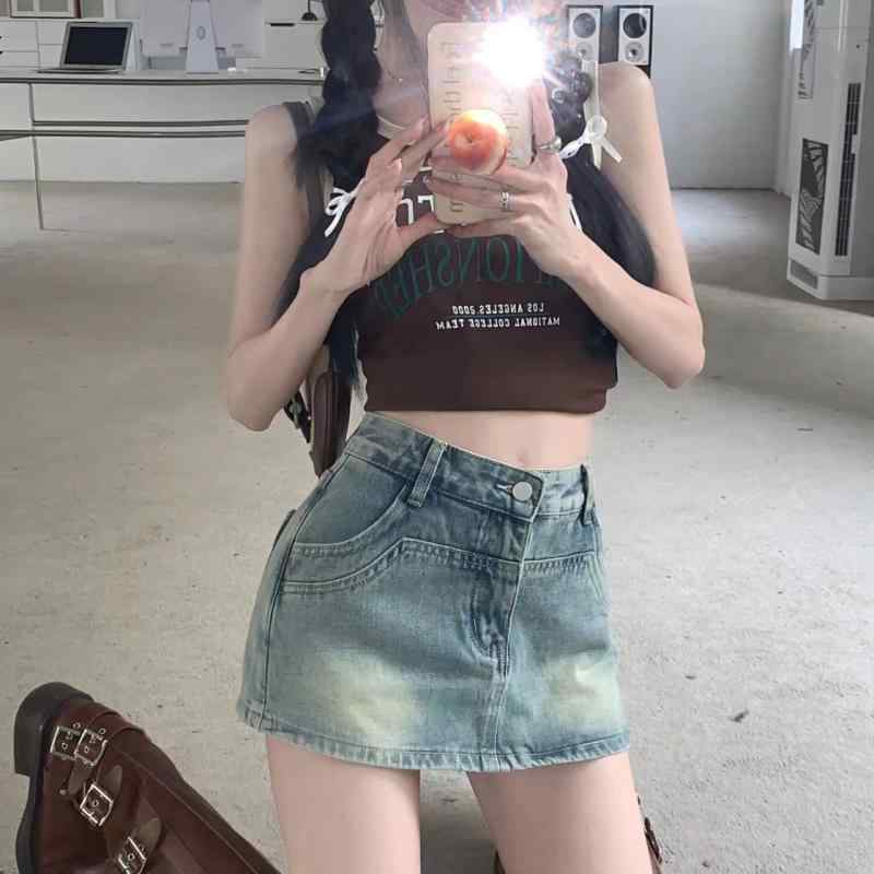 スカート レディース デニム ハイウエスト ミニ Aライン レトロ アメリカンスタイル 夏用 セクシー ヒップハグ カジュアル 普段使い 軽量 伸縮性 ブルー系