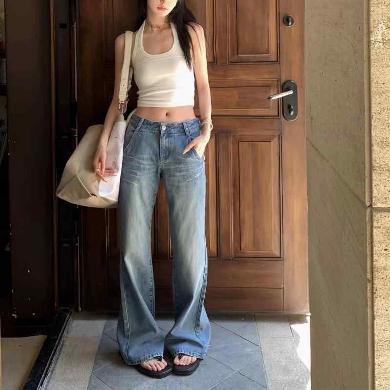 レディース デニムパンツ ストレート 微ラッパー 水洗い加工 カジュアル 普段使い ストレッチ 快適 デイリー ボトムス ジーンズ 女性用 軽量 伸縮性