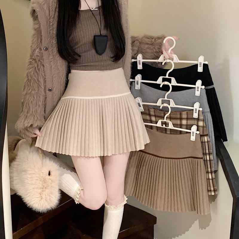スカート レディース 秋冬 ウール プリーツ ミニ シンプル かわいい 膝上 フェミニン 膝丈 ボトムス 普段使い 暖かみ 柔らかい 素材 膝下