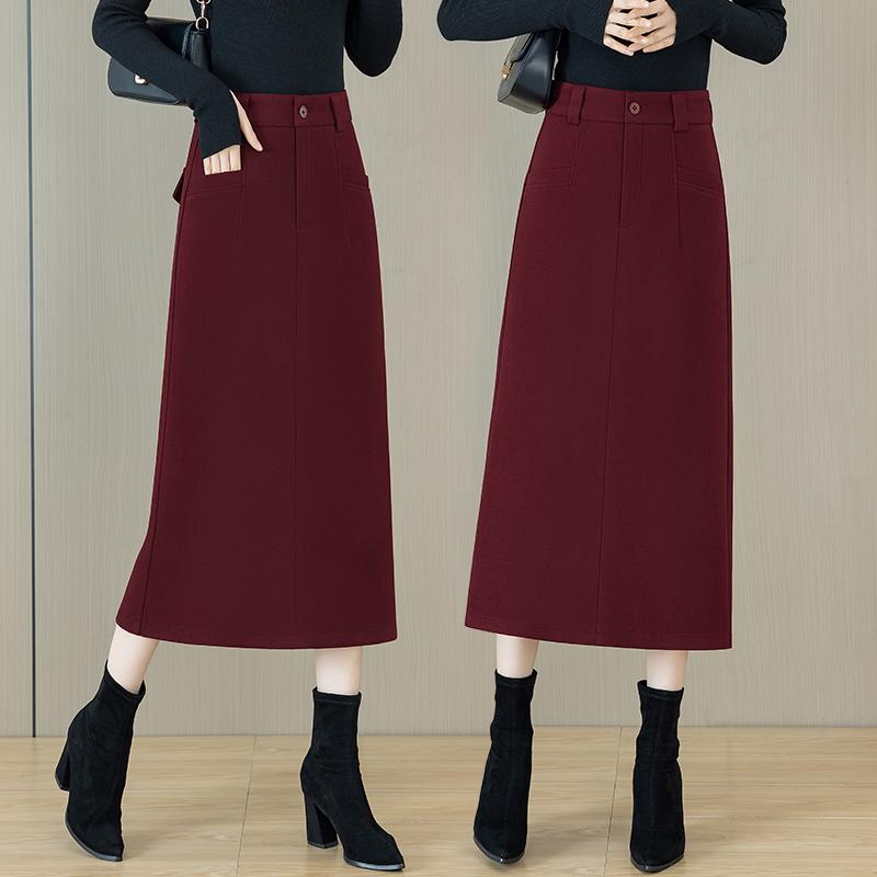 レディース スカート 厚手 ウール混 ハイウエスト Aライン 膝下丈 サイドスリット ヒップラップ ストレート 秋冬 エレガント 暖か 通勤用 ミディ丈 女性らしいシルエット