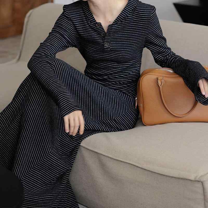ワンピース レディース ストライプ ニット 春秋 Aライン ロング ウエストマーク スリム 伸縮性 普段使い 軽量 トップス ドレス