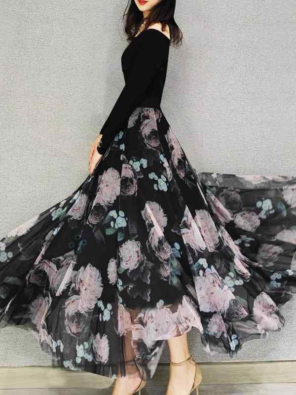 スカート レディース Aライン ミディ丈 花柄 プリント 夏用 微フレア 大裾 高級感 フレンチ リゾート