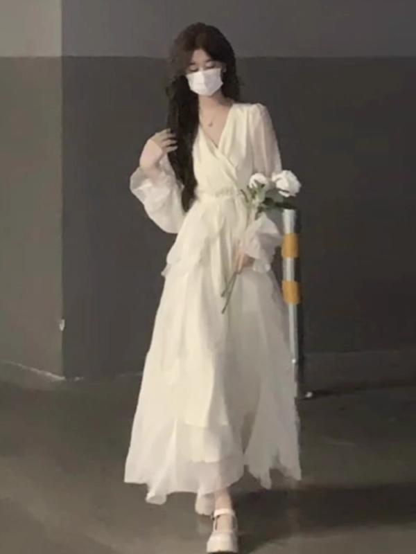 レディース ワンピース 杏色 長袖 秋 清純 高級感 ソフト フェミニン フランス エレガント ドレス トップス ミディ丈 軽量 伸縮性 普段使い