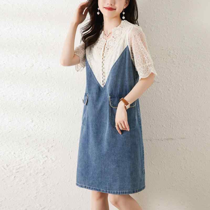 ワンピース 女性用 大きめ 夏 レース 切り替え デニム 上品 かわいい 軽やか 高級感 普段使い 通勤 吸湿速乾 伸縮性