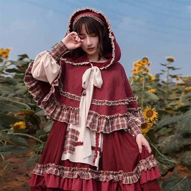レディース ロリータ ワンピース 秋冬 ワインレッド 大きめサイズ 赤ずきん帽 付き コスプレ ドレス クリスマス 新年 かわいい フリル デザイン 通年 対応 軽量 素材