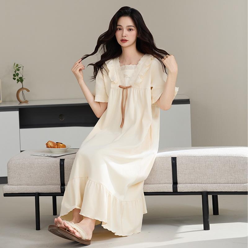 パジャマワンピース 妊婦用 綿100% 短袖 夏用 薄手 かわいい プリンセス ロング丈 大きめサイズ 部屋着 吸湿性 通勤後 リラックス 軽量 伸縮性 アイボリー系