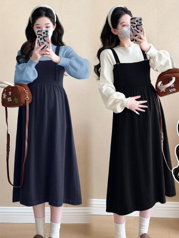 妊婦用 秋冬 ニット ロングワンピース フェイクツーピース セーター 大きめサイズ 韓国スタイル 若々しい ゆったりシルエット 暖か素材 伸縮性 普段使い