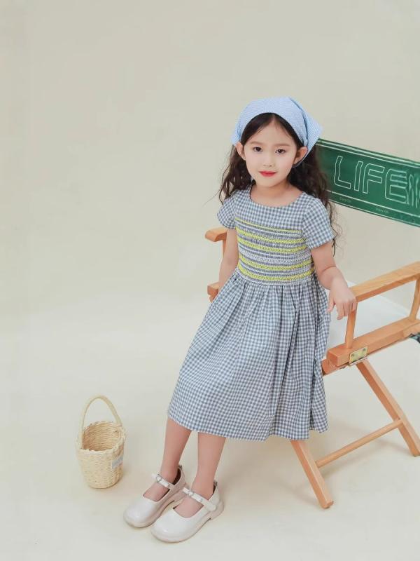 ワンピース 女の子用 短袖 綿 プリーツスカート 青格子柄 夏用 軽量 かわいい 日常使い 柔らかい素材 動きやすい ビッグシルエット