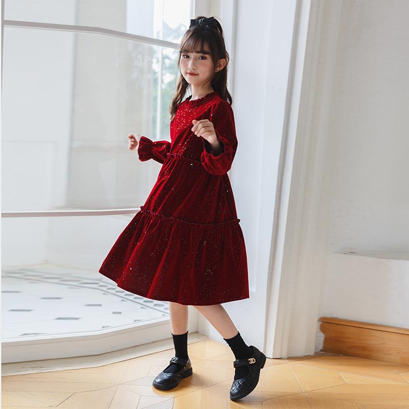 ワンピース 女の子 秋 長袖 キラキラ 光沢 スタンドカラー 学生服 華やか デザイン 子供服 通学用 学校用 日常使い