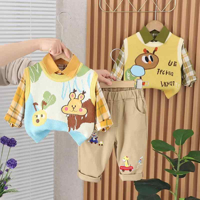 キッズ 男の子 春秋 セーター ベスト 3点セット カートゥーン柄 かわいい ベビー服 日常着 柔らかい 長袖 トップス ジレ